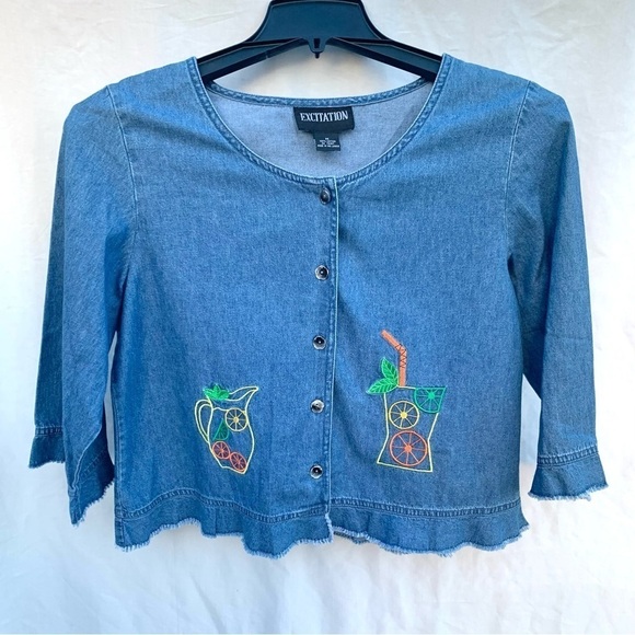 Vintage Tops - Vintage Excitation Denim Embroidered Appliqué Spring Summer Button Up Sz Medium